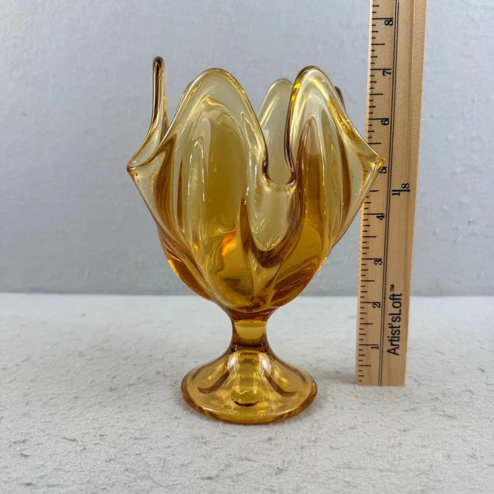 Viking Amber Art Glass Pedestal Vase Handkerchief Swung Rim Mid Century